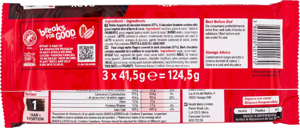 KITKAT Dark Wafer ricoperto di Cioccolato Fondente 3 Snack da 41,5g