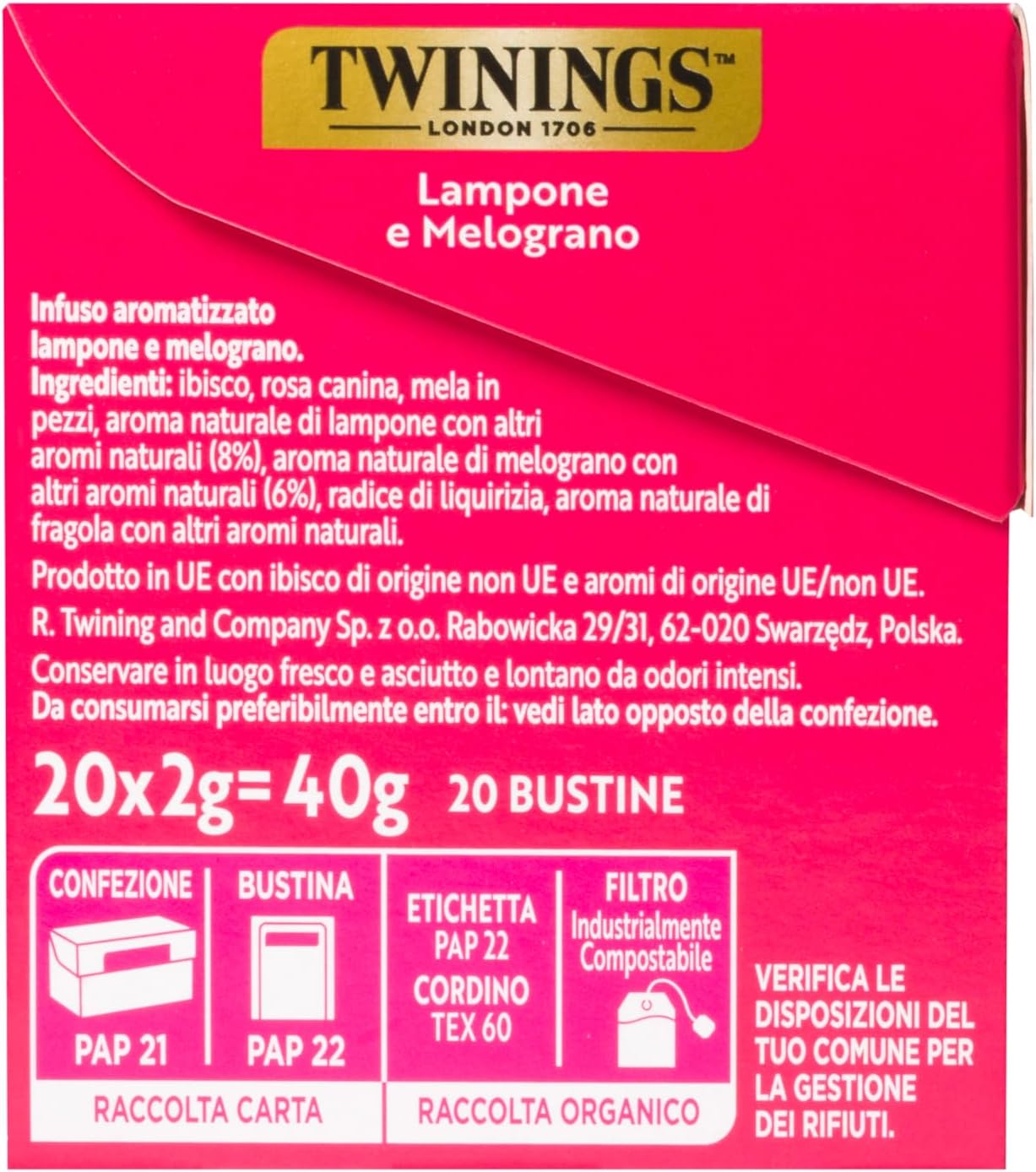 Twinings Infuso aromatizzato Lampone e Melograno 20 Bustine