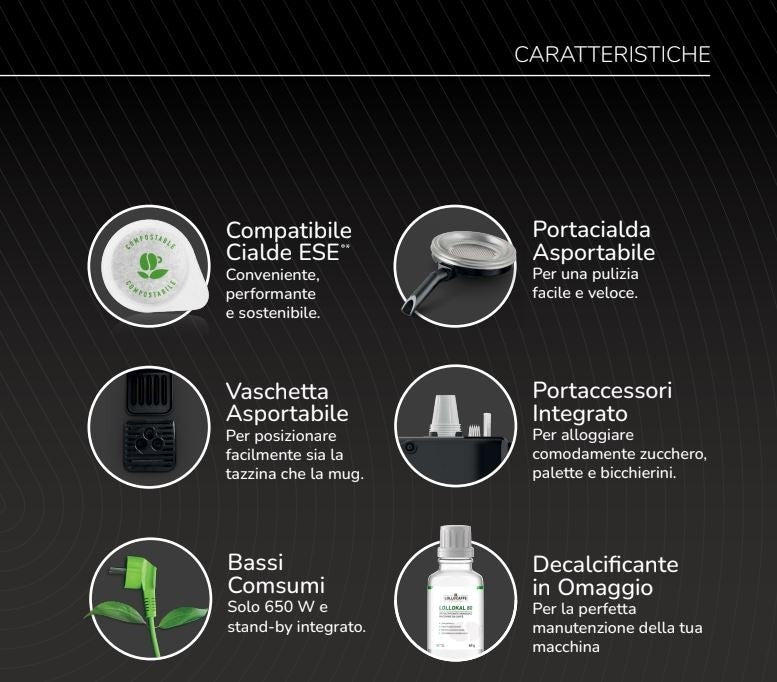 Macchina da Caffè a Cialde 44 ese KREMIA Nera + Decalcificante Lollo Kal 80