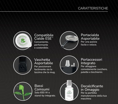 Macchina da Caffè a Cialde 44 ese KREMIA Nera + Decalcificante Lollo Kal 80