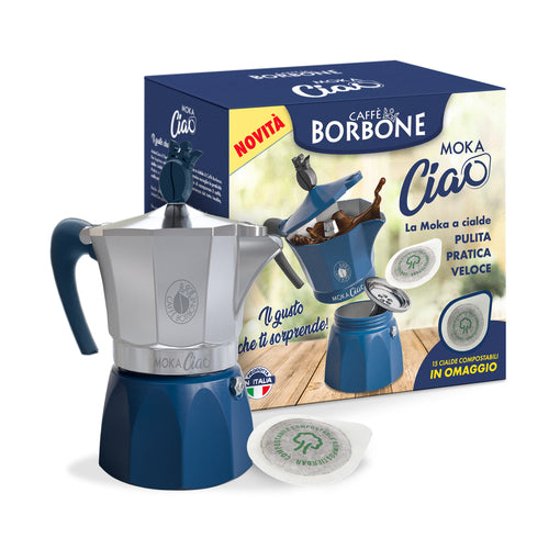 MokaCiao Caffè Borbone BICOLORE Blu - caffettiera da 3 tazze con 15 cialde OMAGGIO