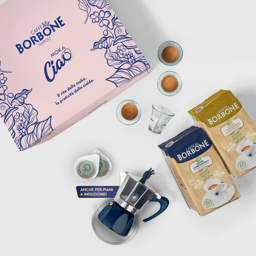 MokaCiao Caffè Borbone BICOLORE Blu + 30 cialde e 4 bicchierini di vetro in omaggio